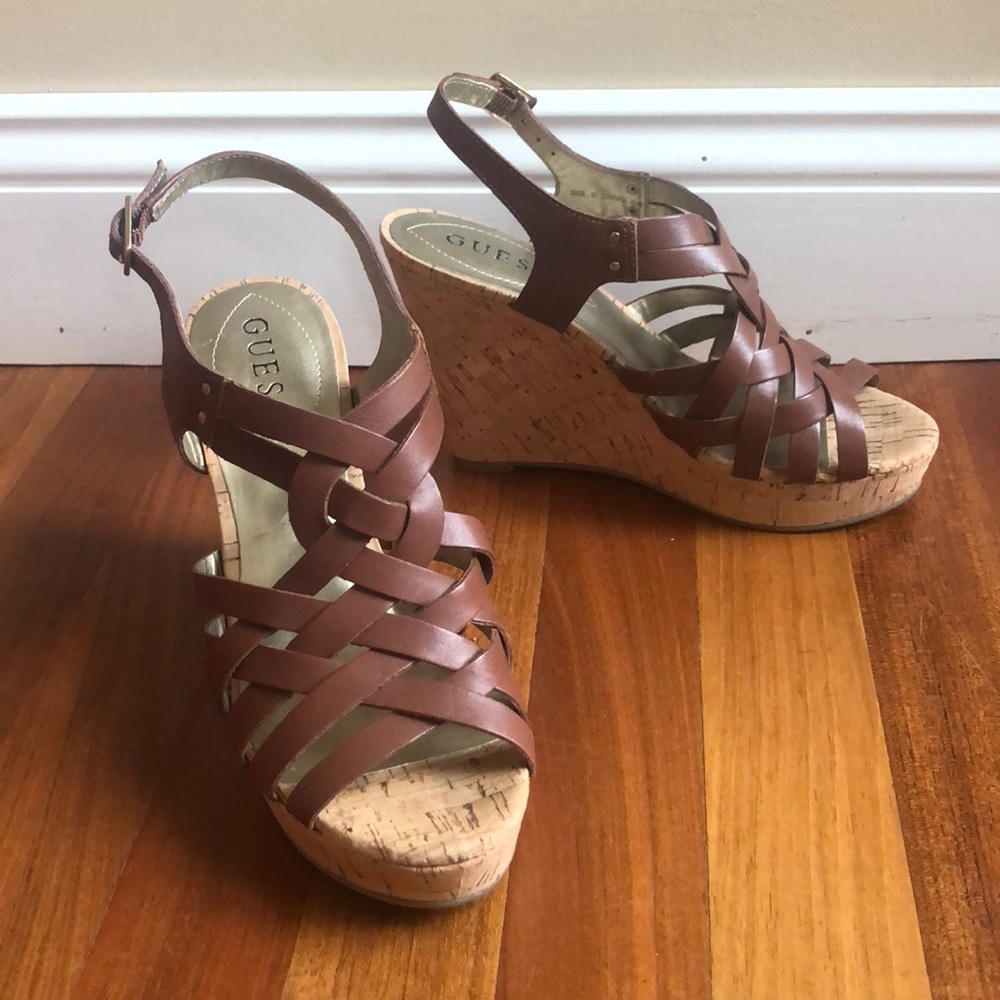 GUESS Brown Leather Wedges WORN ONCE
